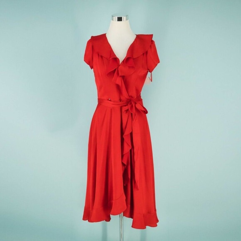 Gabby Skye red midi ruffled wrap dress